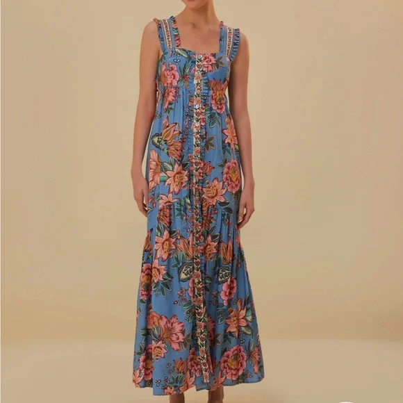NWT FARM Rio Blue Wonderful Bouquet Sleeveless Maxi Dress Size M - Picture 4 of 6